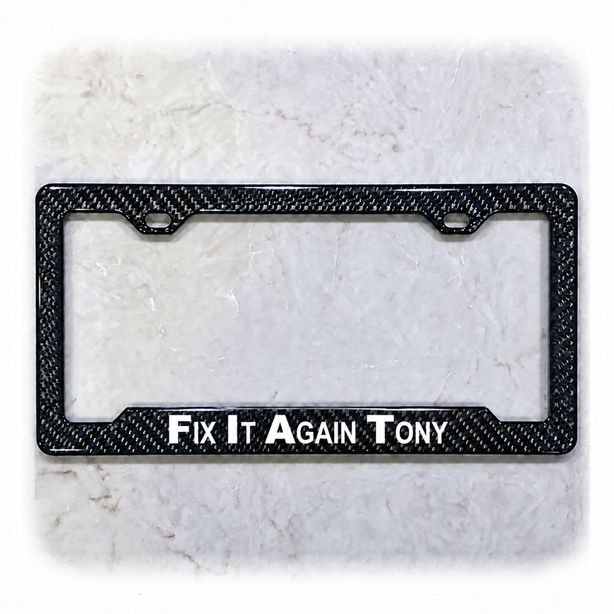 Fix It Again Tony license plate frame in carbon fiber overlay on ABS
