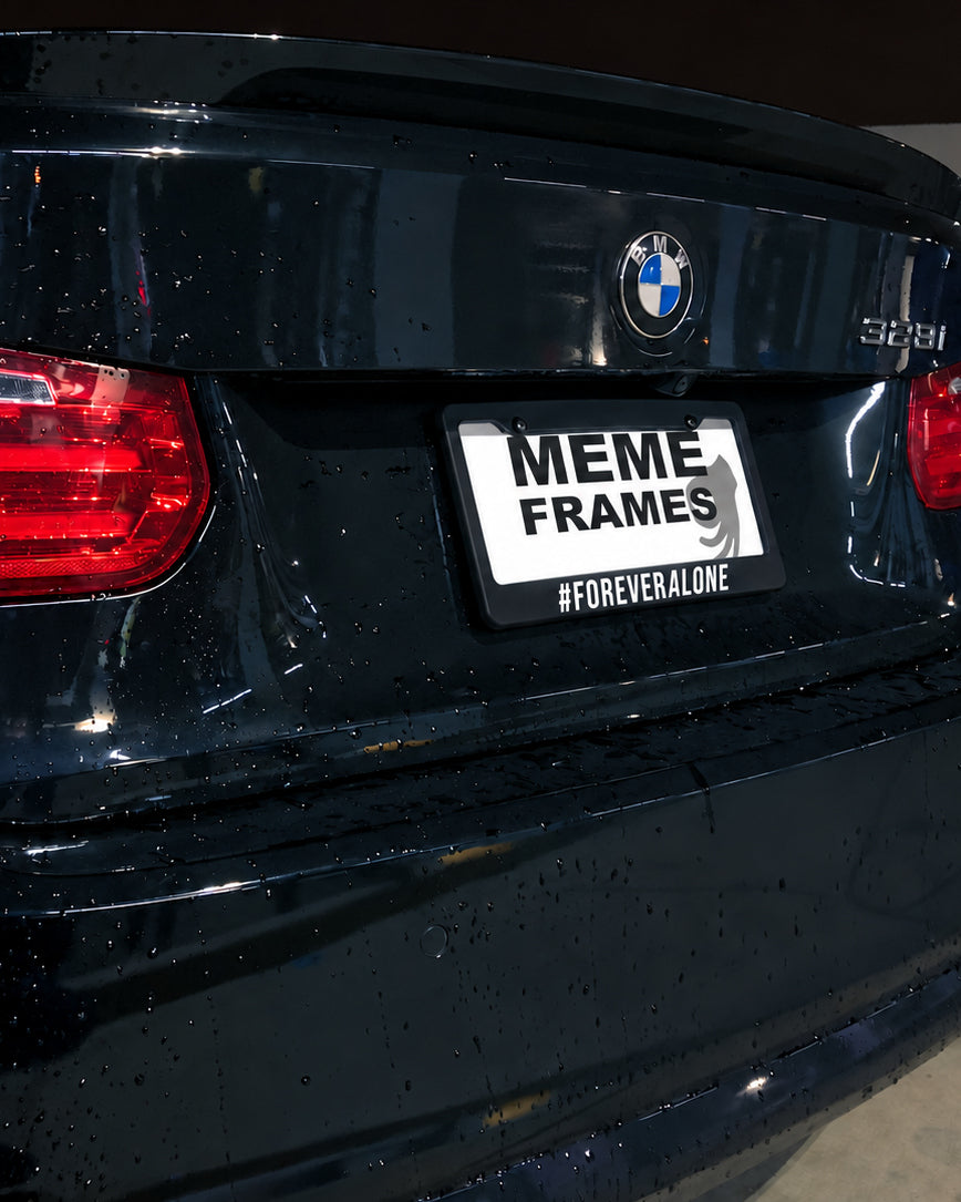 Forever Alone license plate frame installed on a car