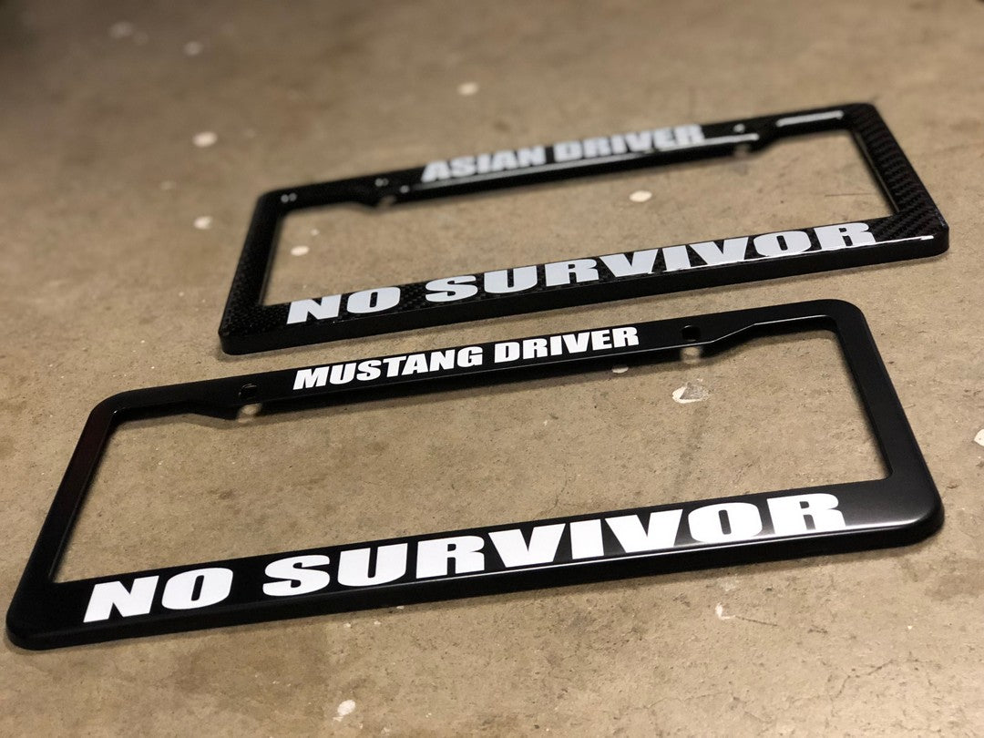 Mustang Driver, No Survivor license plate frame shown in a product photograph