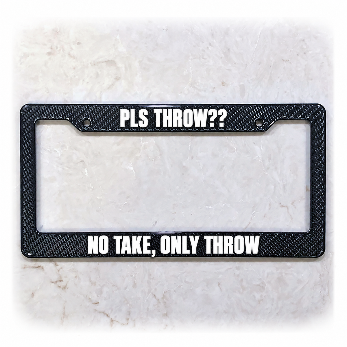 PLS THROW license plate frame in real carbon fiber overlay on ABS