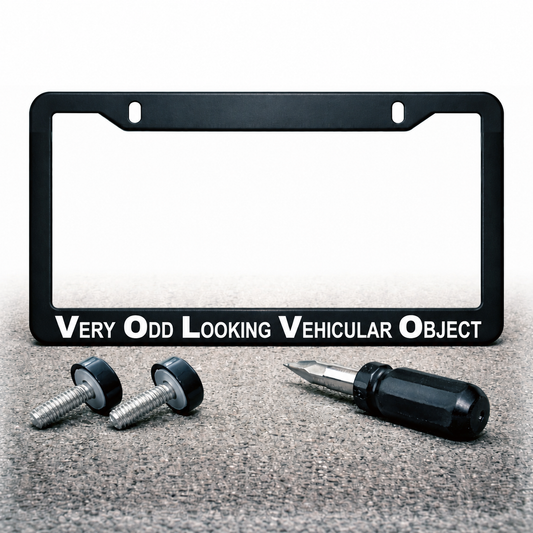 Very Odd Looking Vehicular Object license plate frame with installation hardware